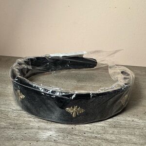 Black Velvety Headband with Gold Bee Accents